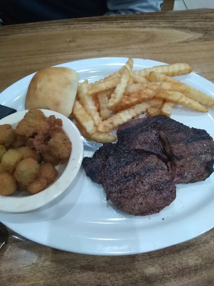 Steak with Fried Okra and Fries